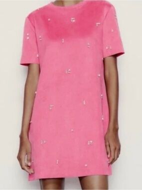 Zara Women's Pink Short-Sleeve Embellished Dress